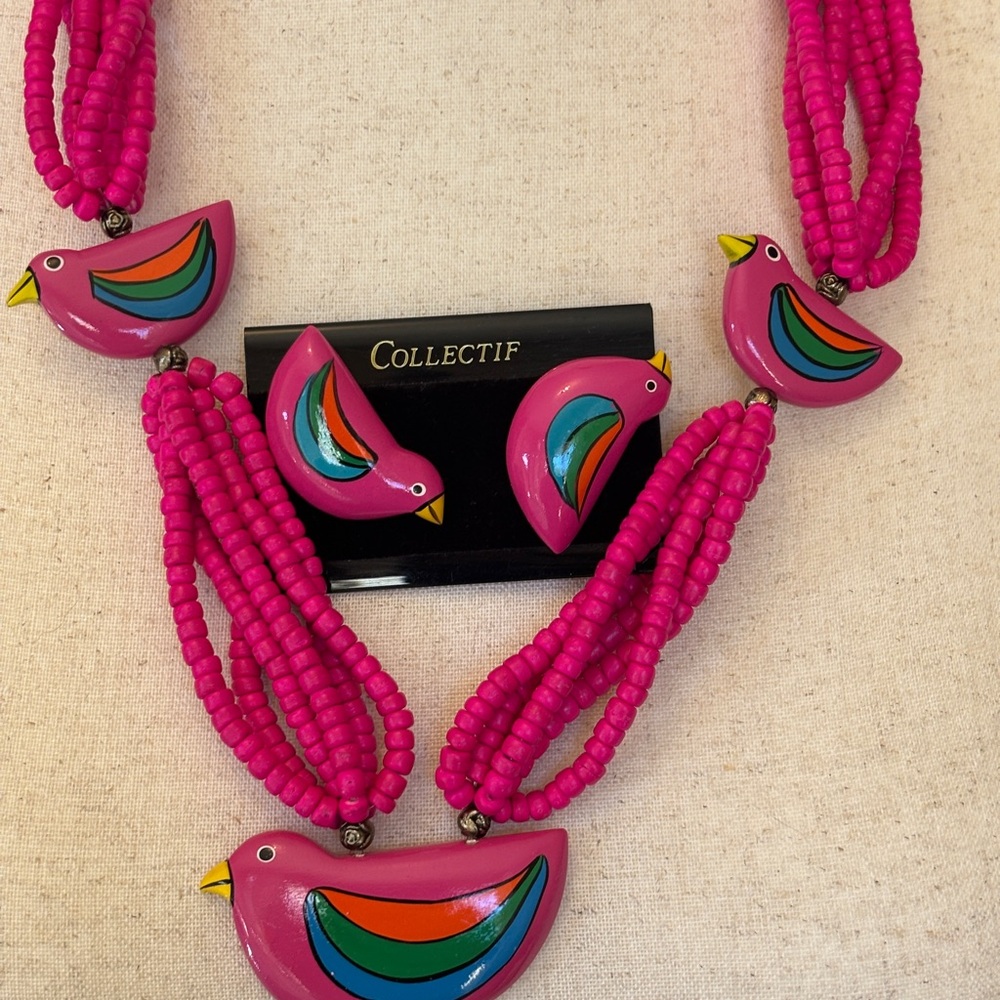 Collectif Vintage 1980s Pink Parrot Beaded Necklace and Earrings Women’s OS New - Picture 2 of 10